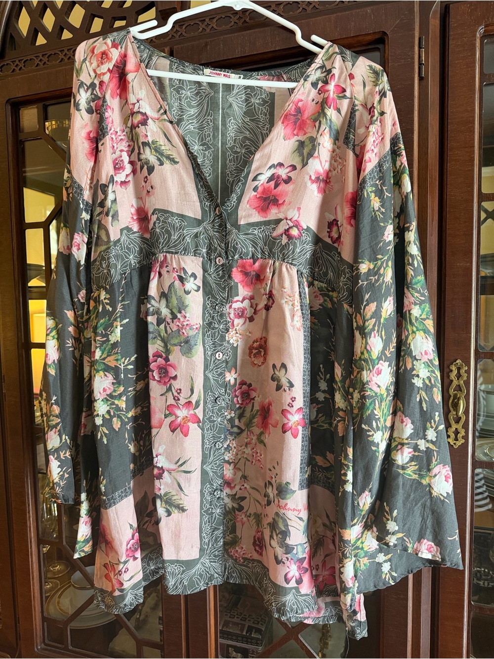 Johnny Was Pink and Gray Floral Button-Front Tunic